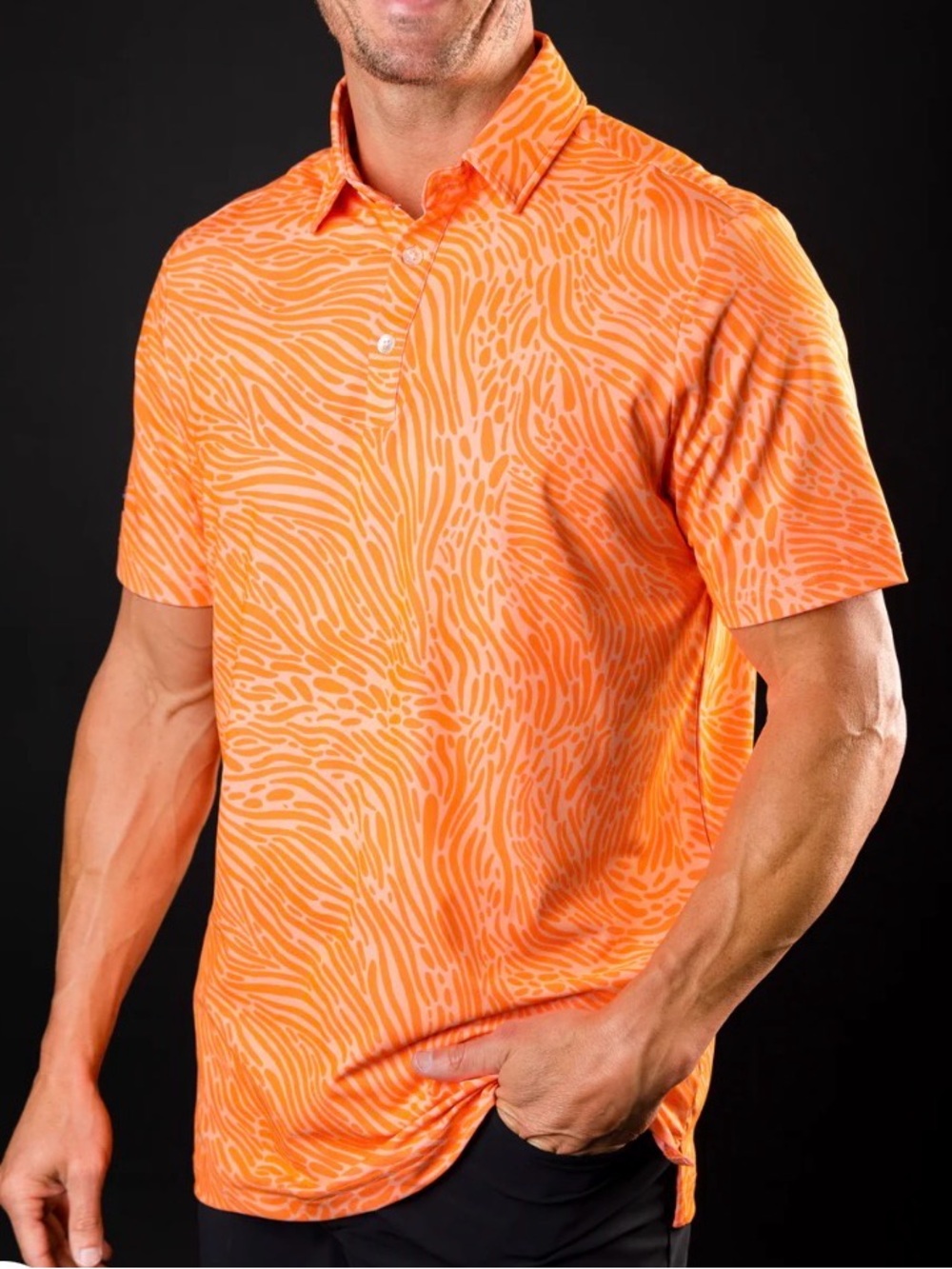 Sunday Swagger Crush Signature Wave-Print Men’s Golf Polo Orange Size Large